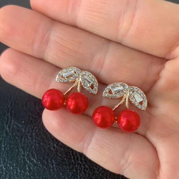 Sweet Red Cherry Earrings Summer Fruit Salad Crystal Cubic Zirconia Drop NEW - Picture 8 of 9